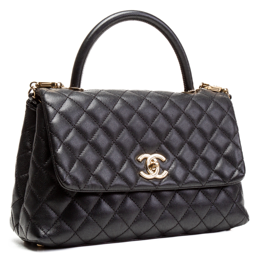 Bolso de colgajo de mango de coco de caviar chanel - negro