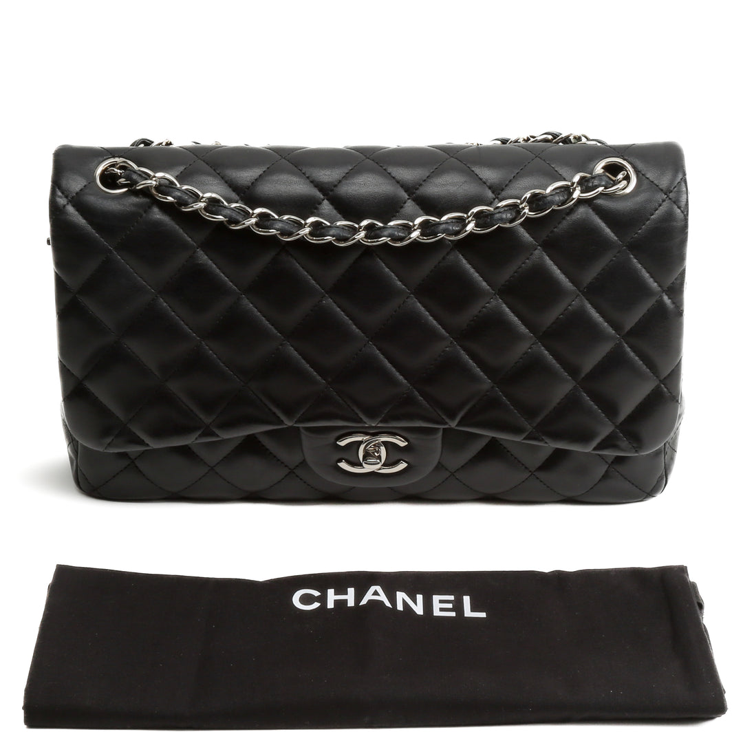 Bolsa de piel de doble aleta de chanel clásica jumbo con plata con plata