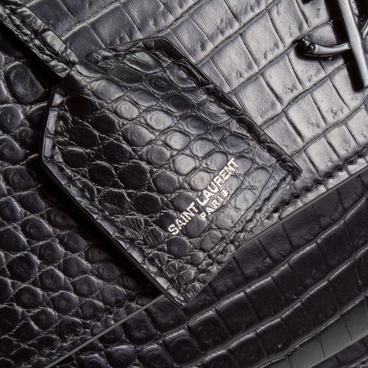 SAINT LAURENT Croc Embossed Medium Sunset Shoulder Bag - Black